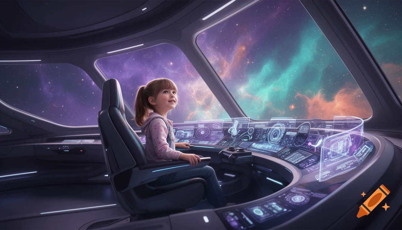 A young girl with a ponytail sits in the pilot's seat of a futuristic spaceship, looking up at a vibrant nebula and stars.
