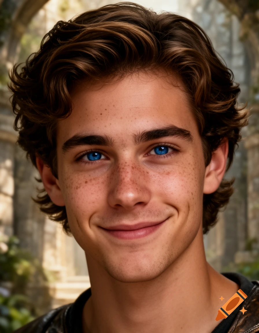 Close-up photorealistic portrait of a smiling young man with curly brown hair, blue eyes, and freckles, against a blurred fantasy background.