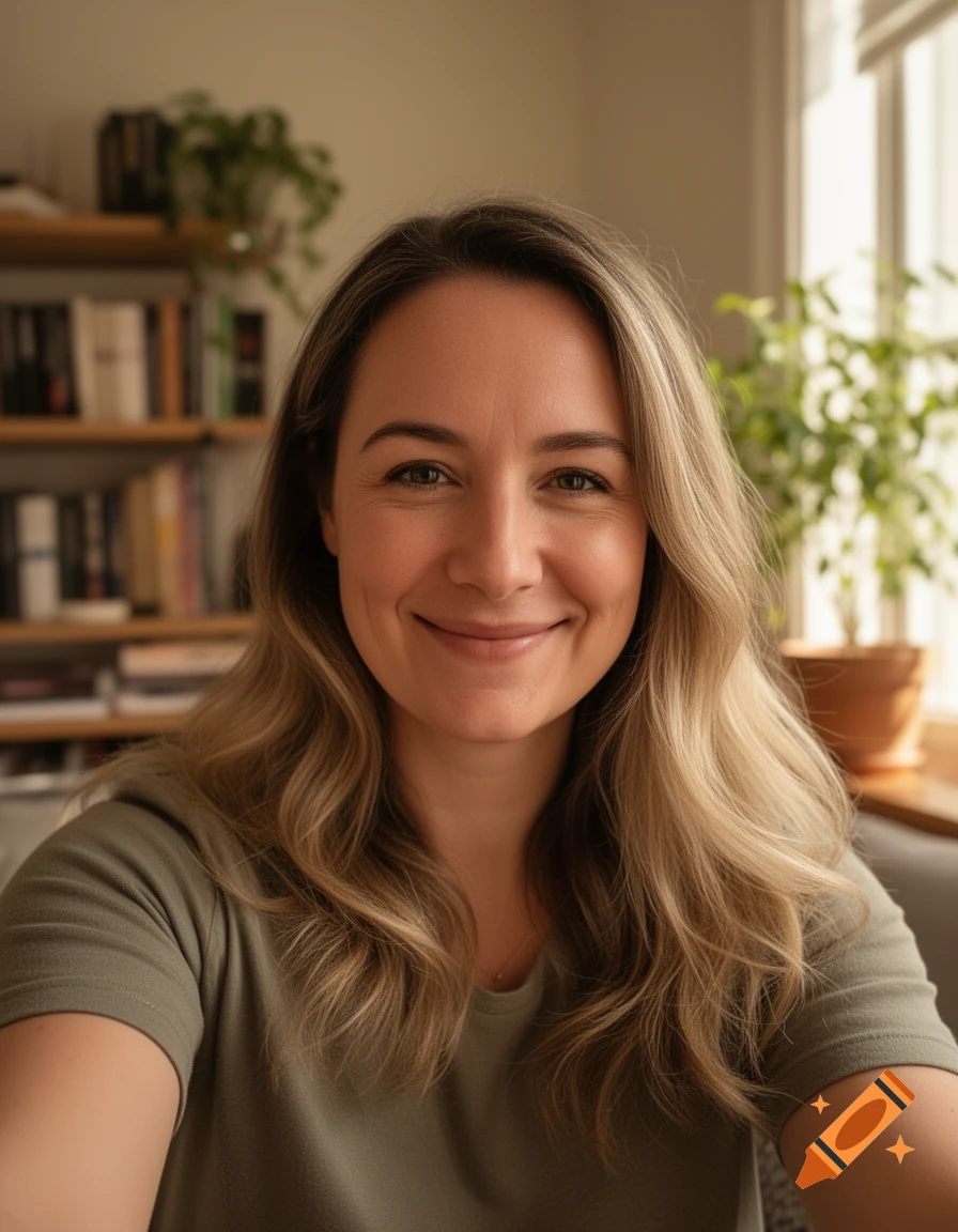 A smiling woman with long blonde hair wears a green shirt, looking directly at the camera in a photorealistic selfie at home.