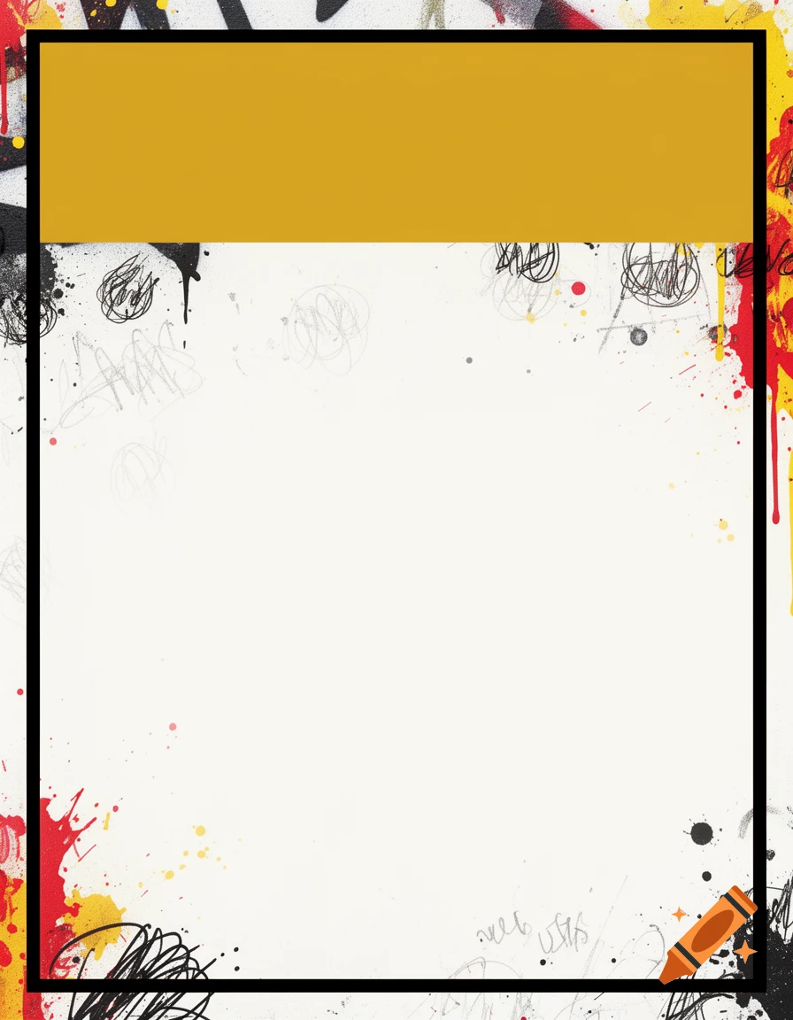 An off-white graphic template with a solid mustard-yellow banner at the top. The edges feature red and yellow paint splashes with black doodles.