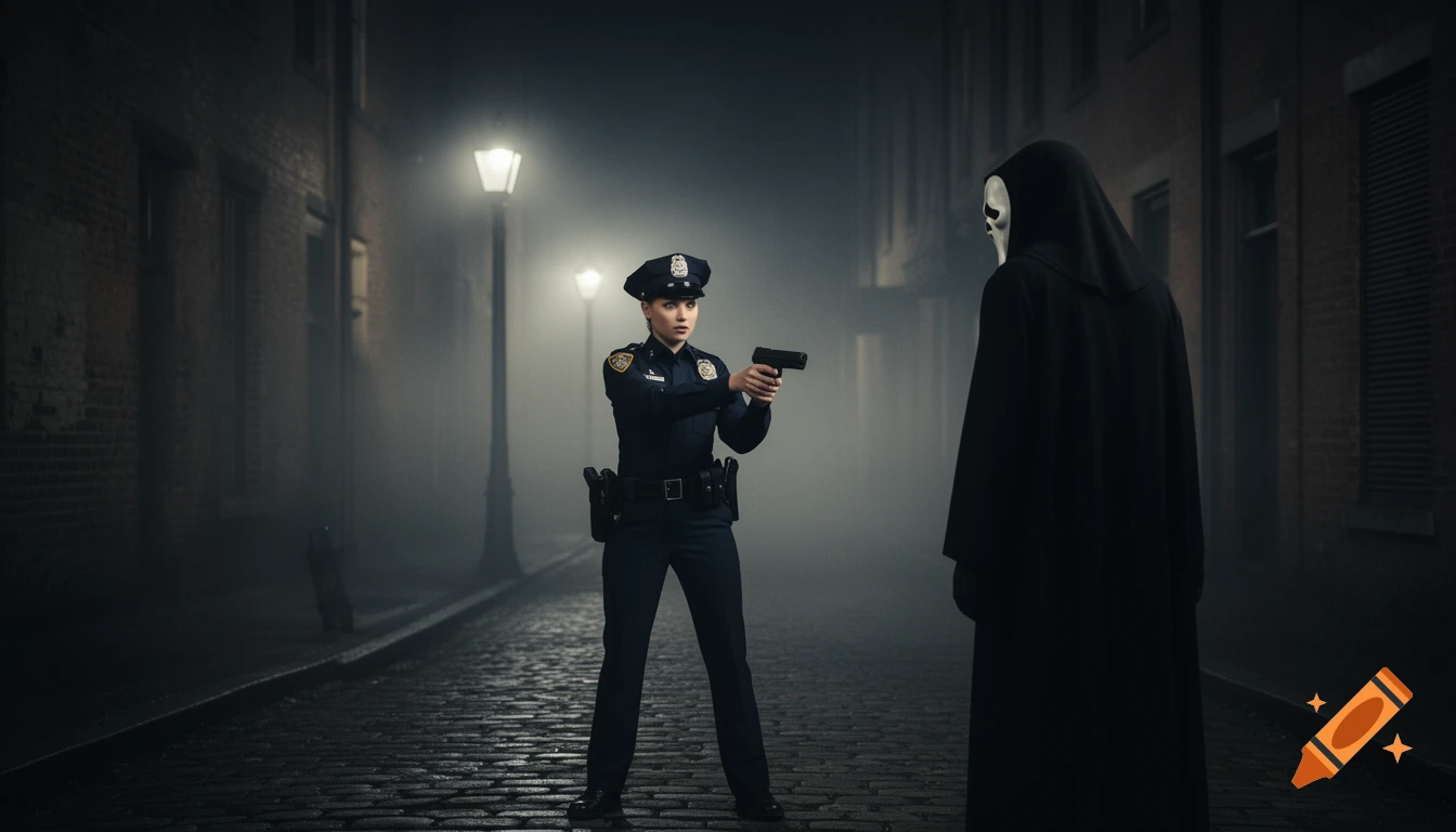 A female police officer points a handgun at Ghostface on a foggy, dark cobblestone street lined with brick buildings and street lamps.