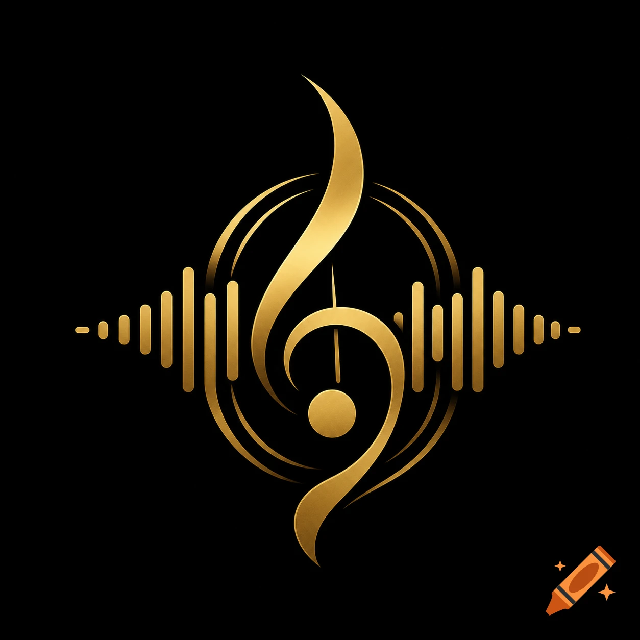 A stylized golden musical logo featuring a treble clef, concentric circles, and sound wave bars on a black background.