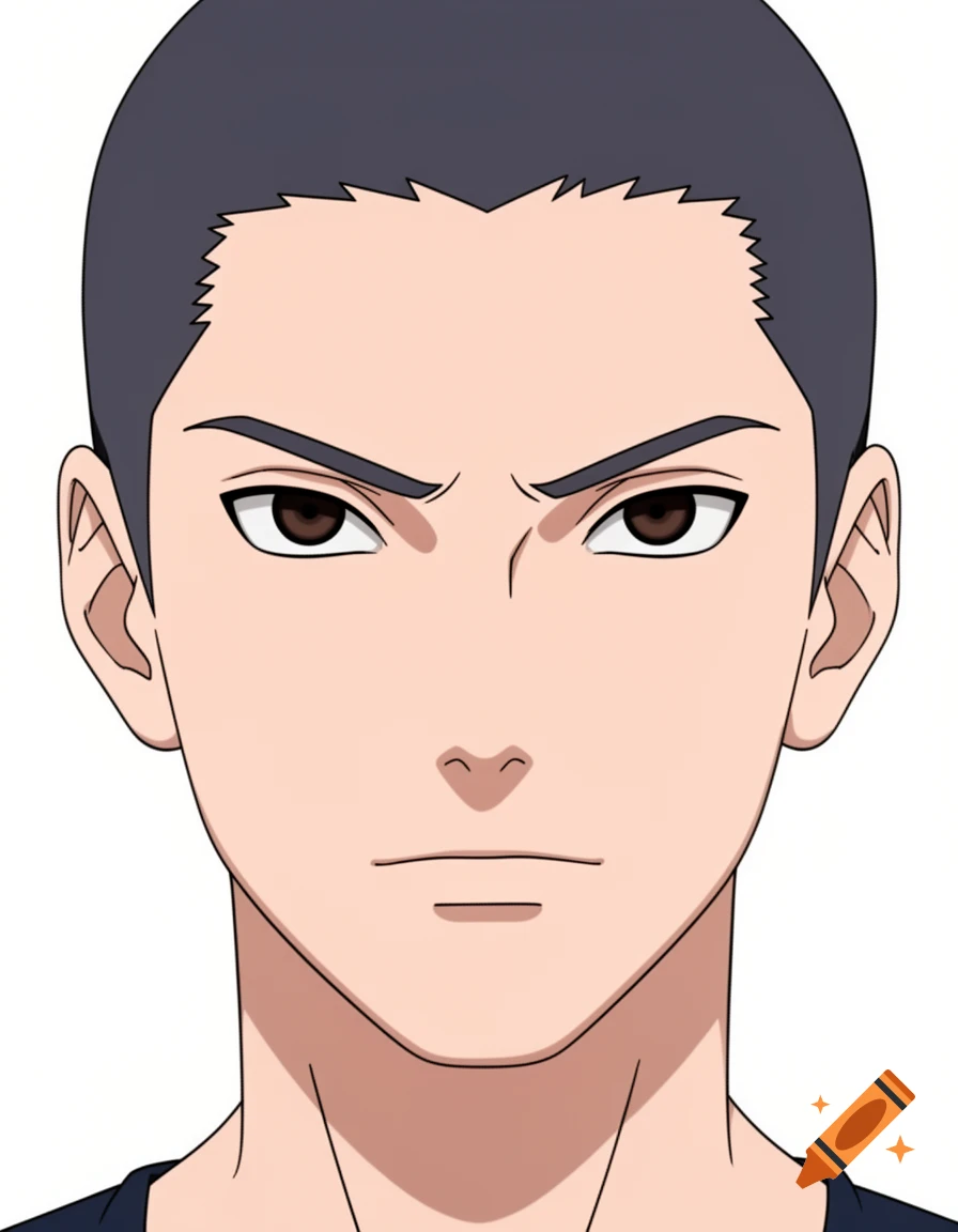 Close-up anime portrait of a young man with short dark hair and brown eyes, against a white background.