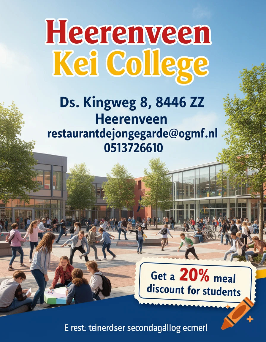 A flyer for Heerenveen Kei College, showing a lively school courtyard with students. Text provides contact information and a meal discount deal.