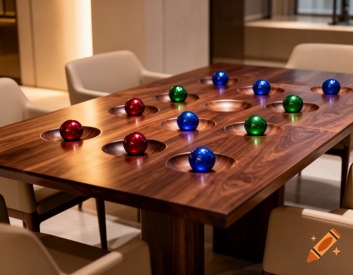 A polished wooden table featuring multiple circular indentations, each holding a glossy red, blue, or green sphere.