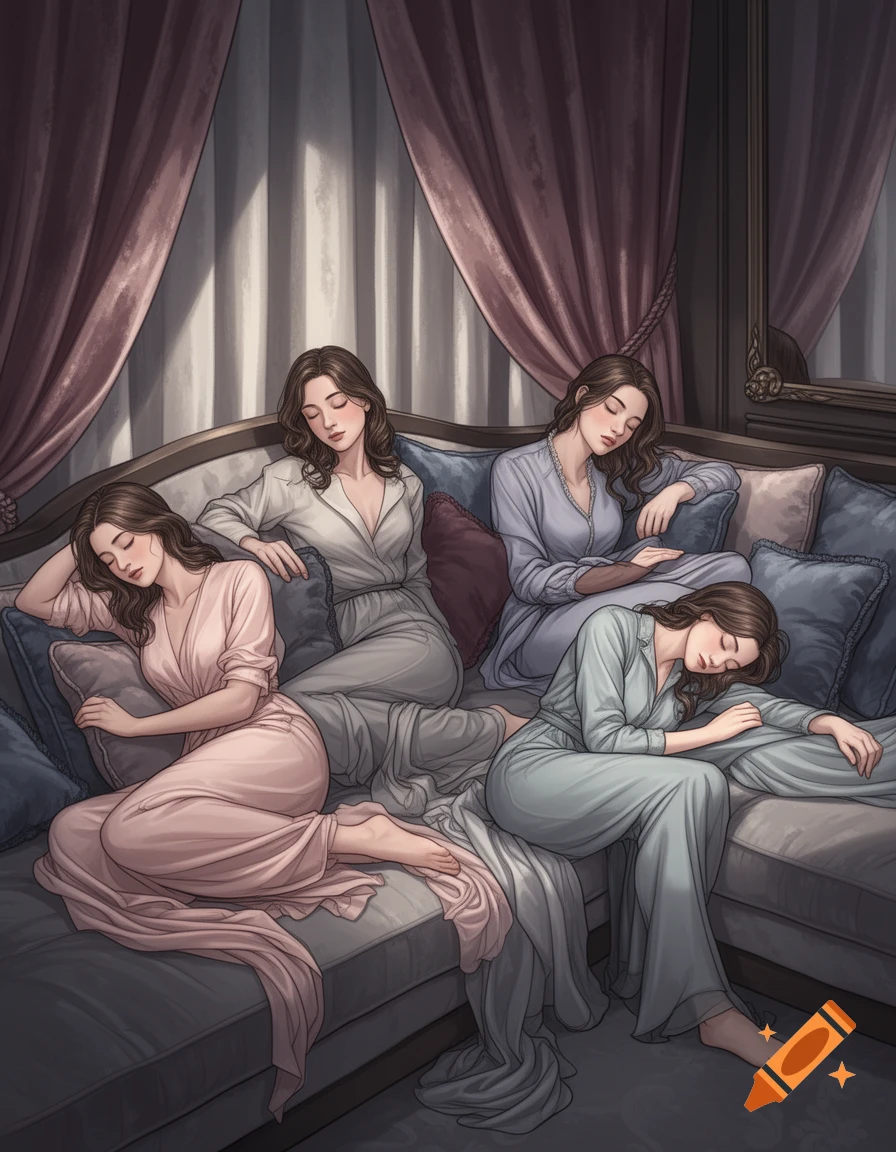 Four women in nightgowns nap on a plush couch with decorative drapes in an illustrated style.