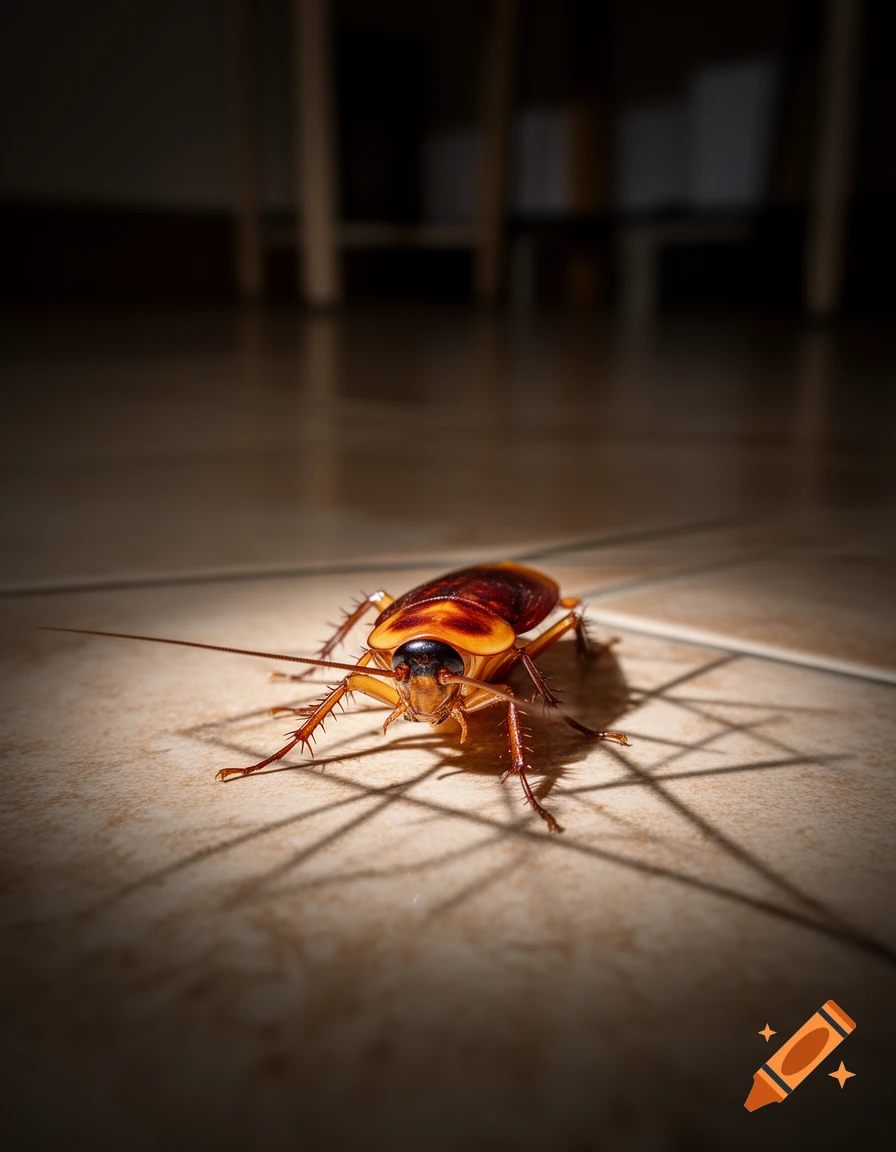 A close-up, low-angle shot of a brown cockroach on a tiled floor, casting a large shadow from a light source above.