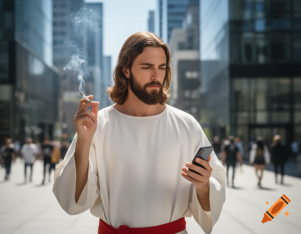 A photorealistic depiction of Jesus with long hair and a beard, wearing a white robe, smoking a cigarette and looking at a smartphone on a city street.