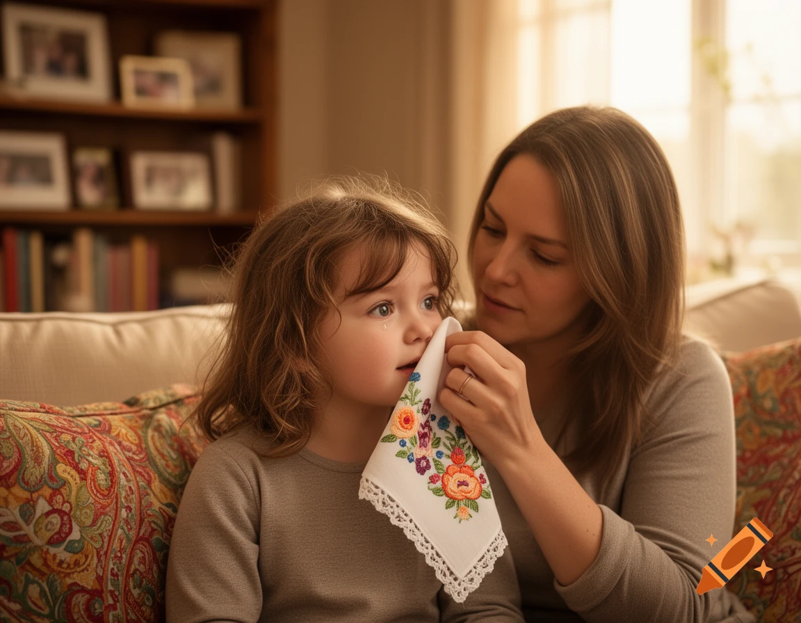 A mother gently dabs her crying child's face with a colorful embroidered handkerchief while sitting on a couch.