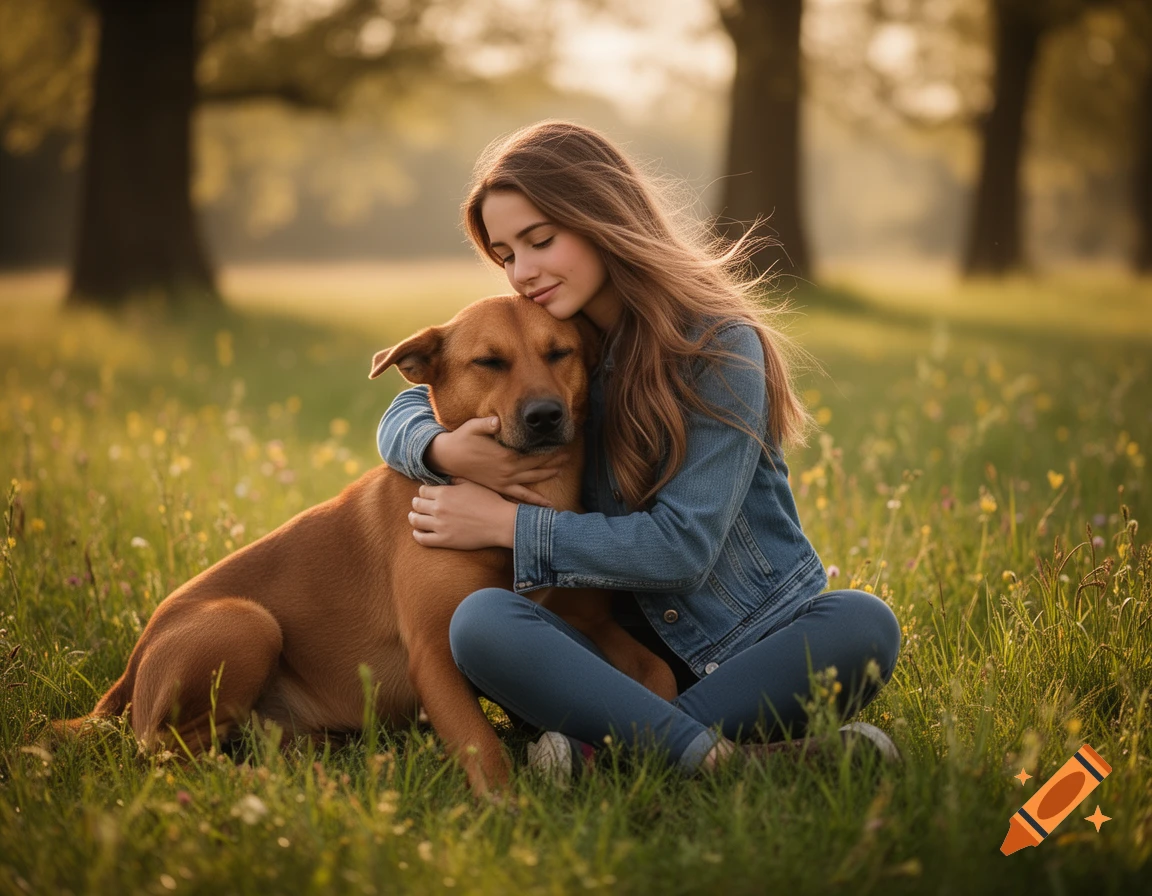 A young girl with long brown hair hugs a brown dog in a grassy field, both appearing peaceful.