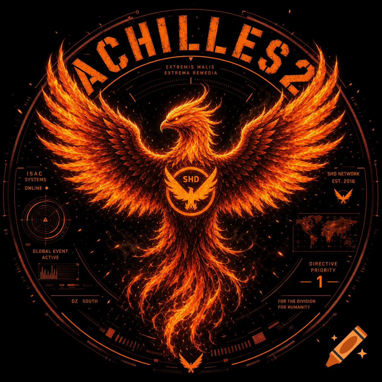 A glowing orange fiery phoenix logo with outstretched wings, surrounded by tactical HUD elements and text 'ACHILLES2' on a black background.