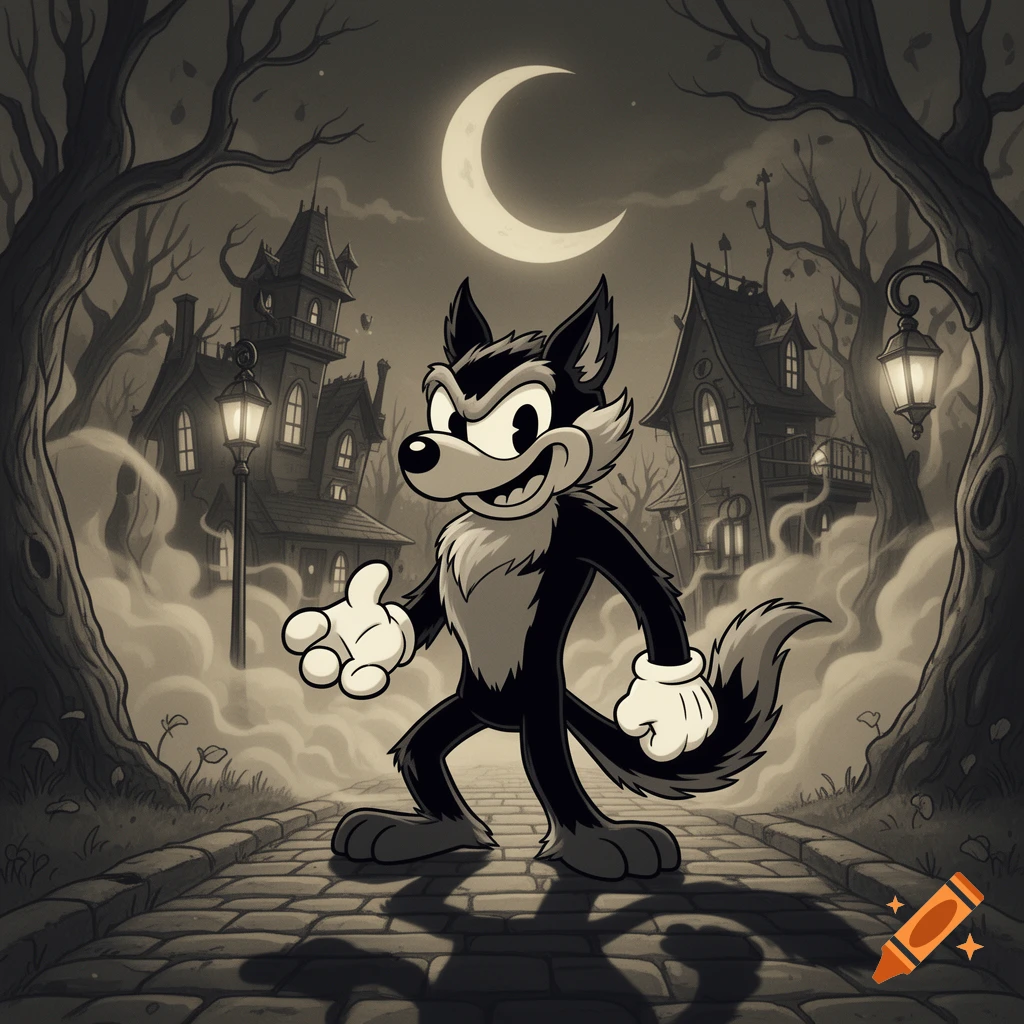 A grinning cartoon werewolf in a vintage black and white style stands on a spooky cobblestone street with haunted houses and a crescent moon.