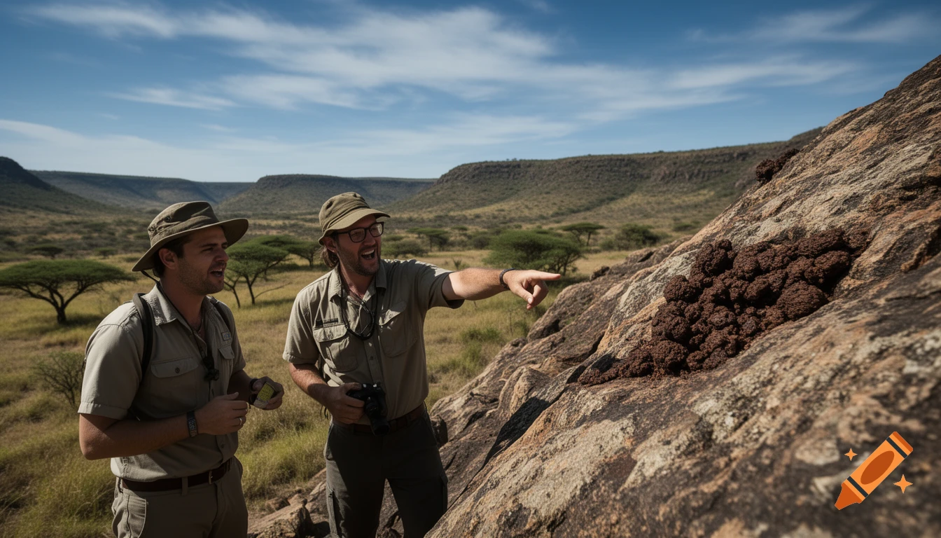 Two men in safari gear observe a pile of animal droppings on a rock in a sunny savanna with acacia trees and hills.