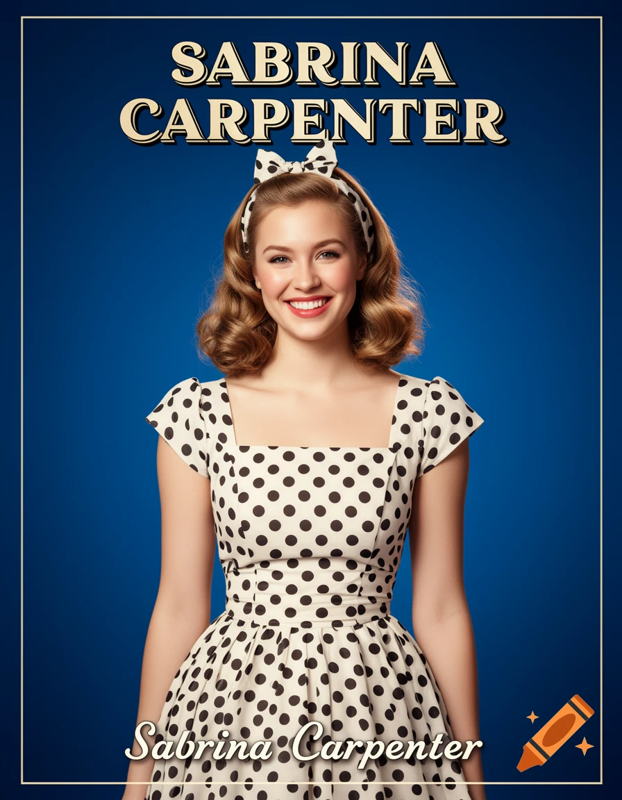 A smiling young woman in a retro white polka dot dress and headscarf, with 'SABRINA CARPENTER' text on a blue background.