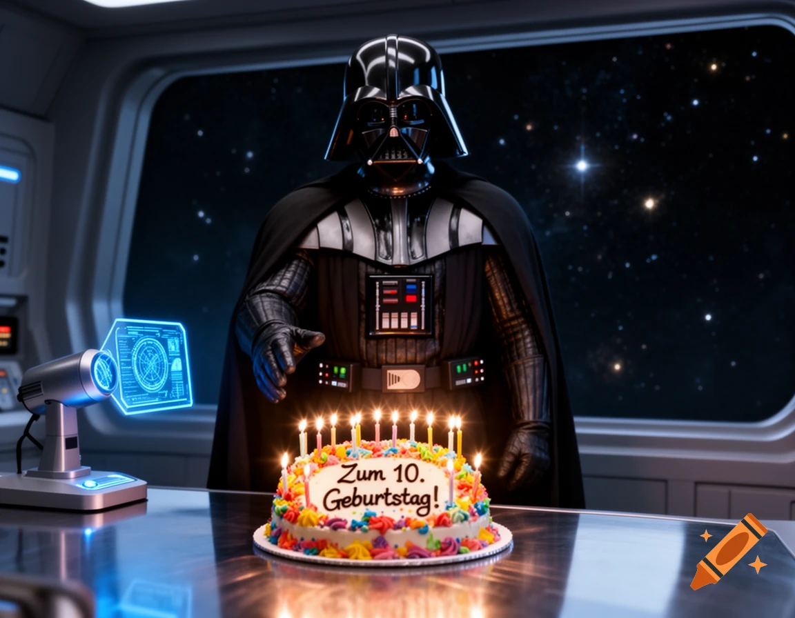 Darth Vader stands in a spaceship with a birthday cake on a table, with stars visible outside the window.