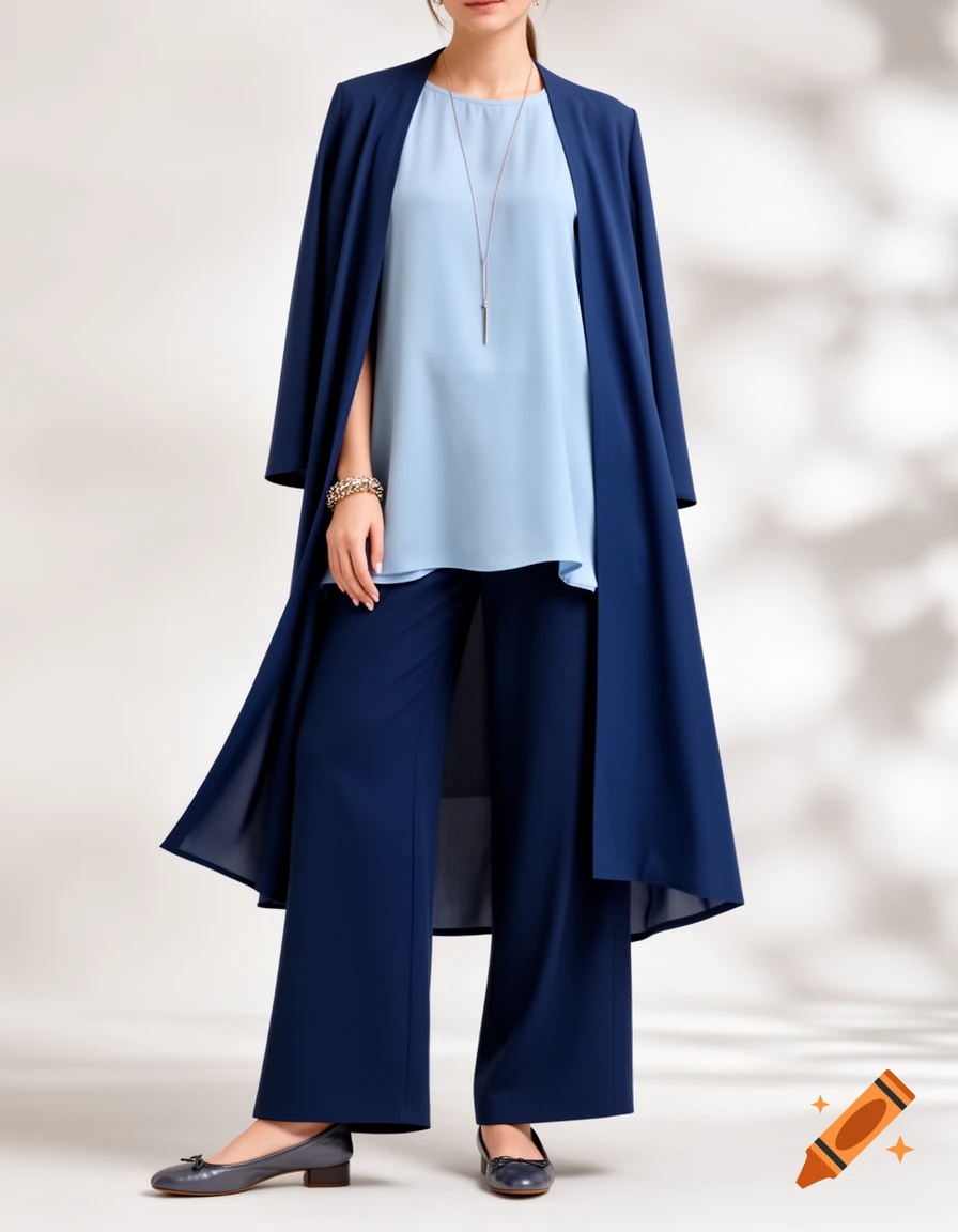 Woman in a dark blue duster jacket, light blue blouse, dark blue wide-leg pants, and flats, with a long necklace and bracelet.