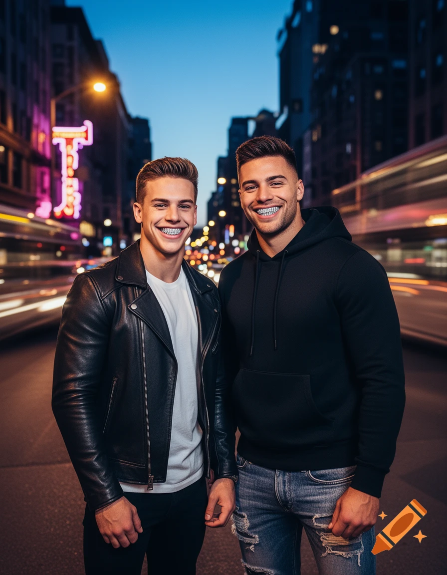 Two smiling men wearing grills, one in a leather jacket and white t-shirt, the other in a black hoodie and ripped jeans, stand on a city street at dusk with blurred traffic and neon lights.