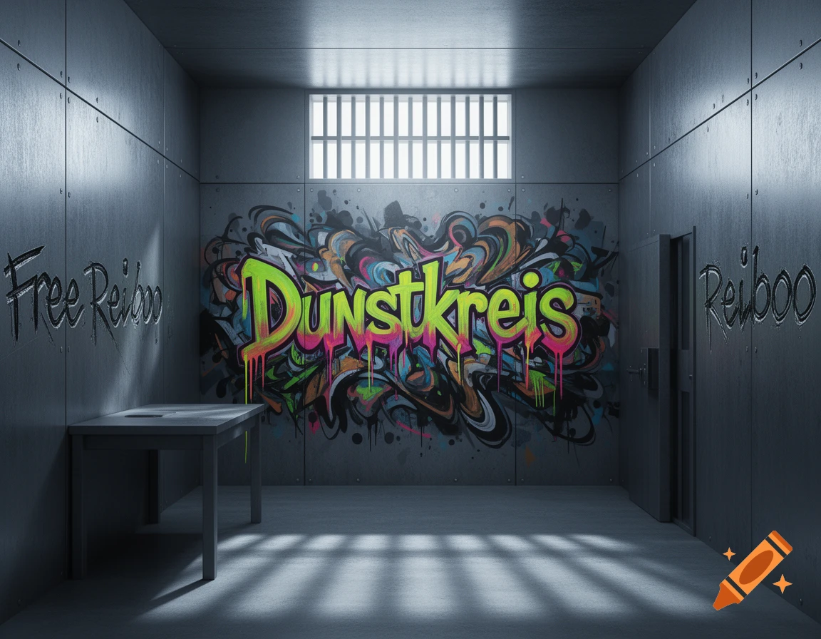 A modern prison cell with colorful graffiti on the back wall featuring "Dunstkreis" and etched text "Free Reiboo" on the side walls. A table sits to the left, and light streams through a barred window.