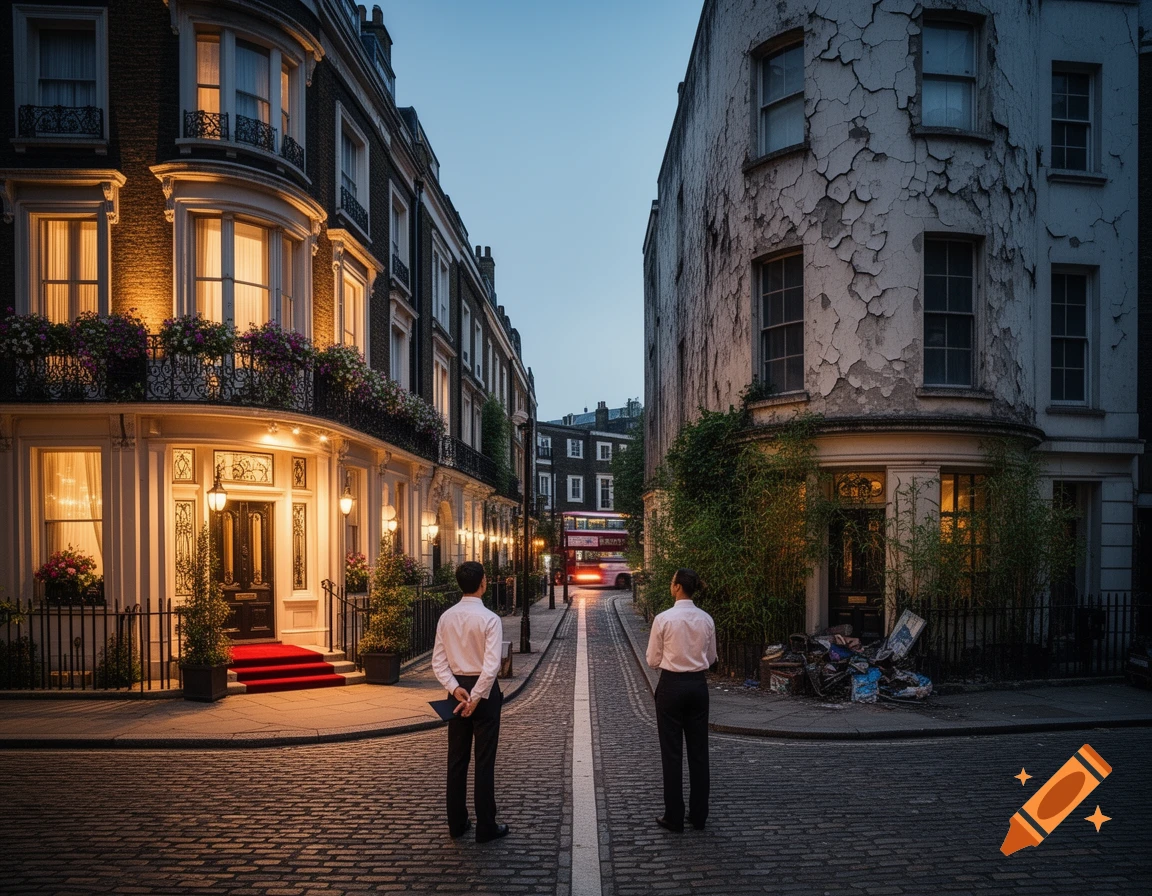 A contrasting view of two London buildings at dusk, one grand and brightly lit, the other dilapidated, with two men on a cobblestone street.