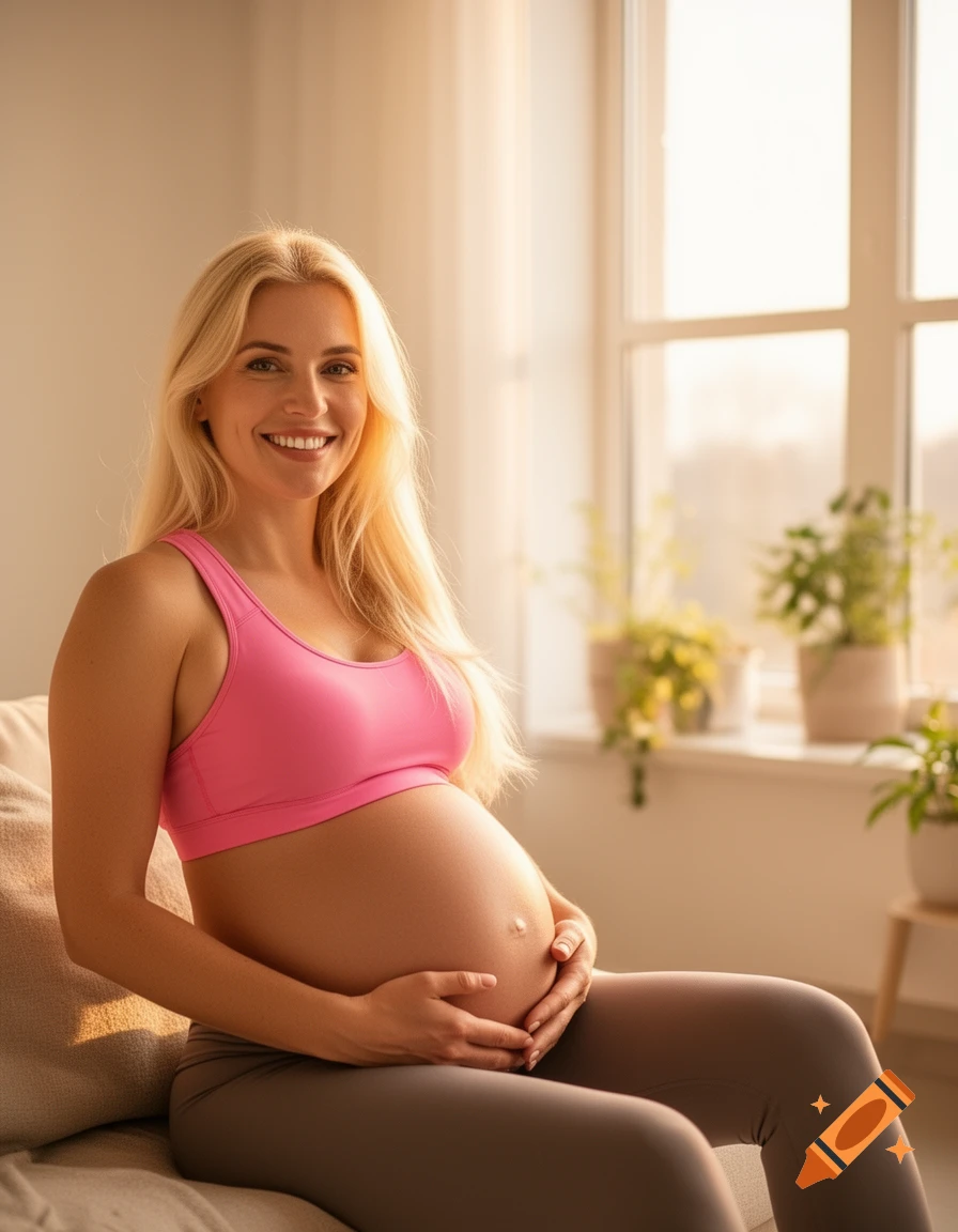 A smiling, photorealistic blonde pregnant woman in a pink sports bra and gray leggings sits by a bright window, holding her belly.
