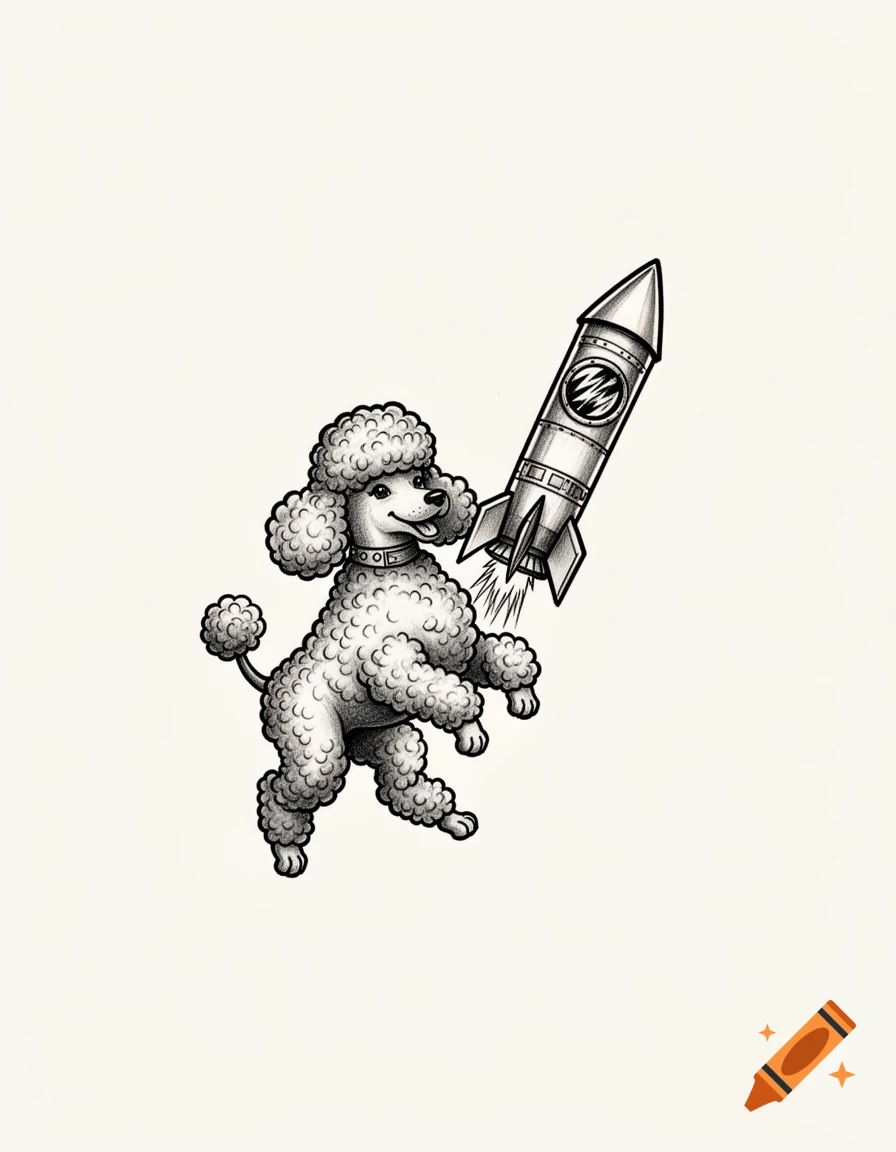 A happy, black and white poodle illustration, standing on its hind legs and holding a rocket, in a cartoonish style.