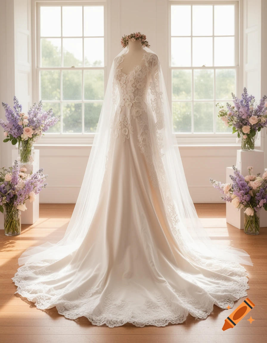 Elegant white wedding dress with a long train, lace, and veil on a mannequin, flanked by pastel flowers in a bright room.