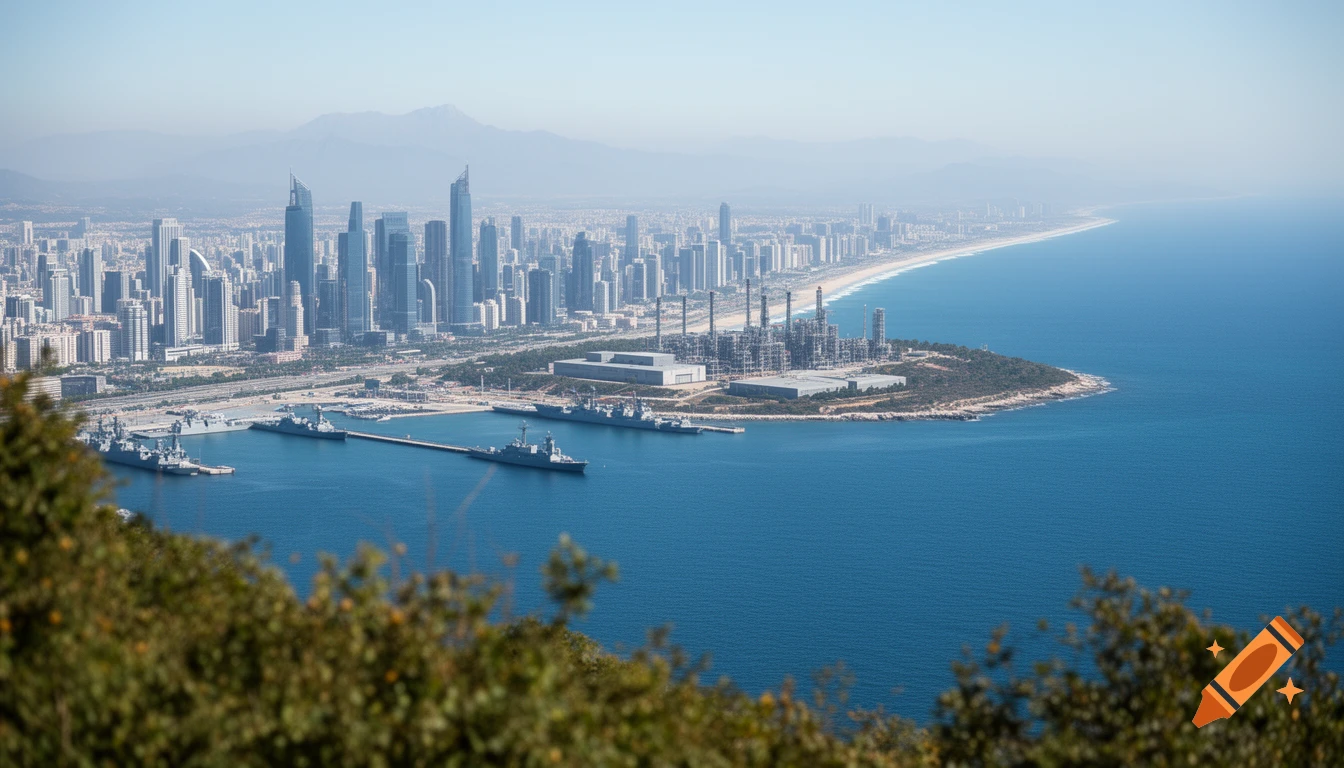 Aerial view of a modern coastal city with skyscrapers, an industrial complex, and military ships docked in a harbor, all under a clear sky.