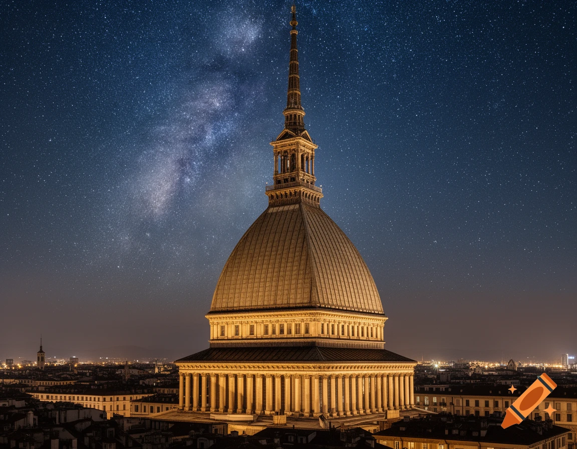 The illuminated Mole Antonelliana in Turin stands tall at night, with a prominent Milky Way against the dark sky above the cityscape.
