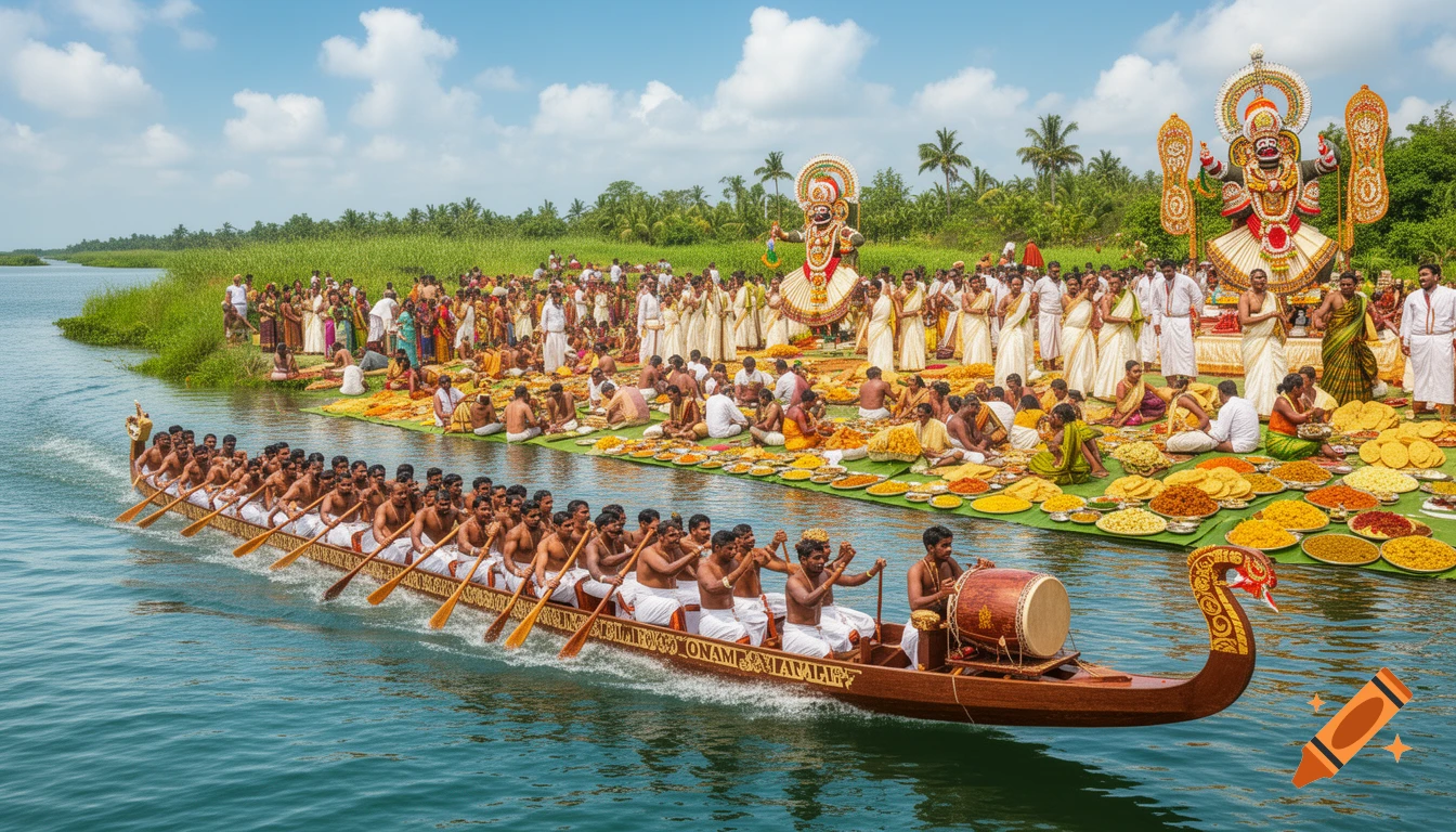 Men in a snake boat race on a river, with crowds gathered on the bank, adorned with traditional Onam festival food and large idols under a bright sky.