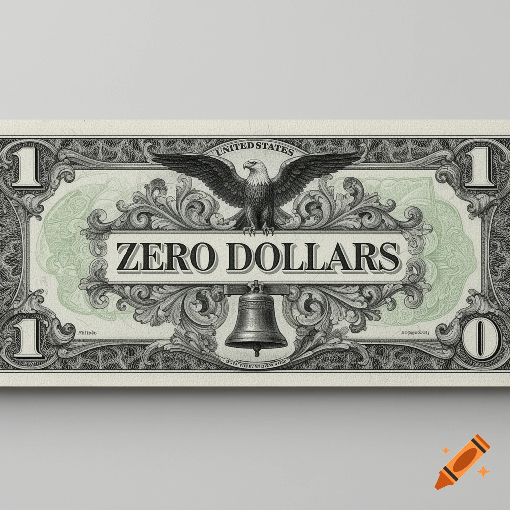 A close-up, highly detailed view of the back of a stylized US "zero dollar" bill, featuring an eagle, a bell, and ornate borders.