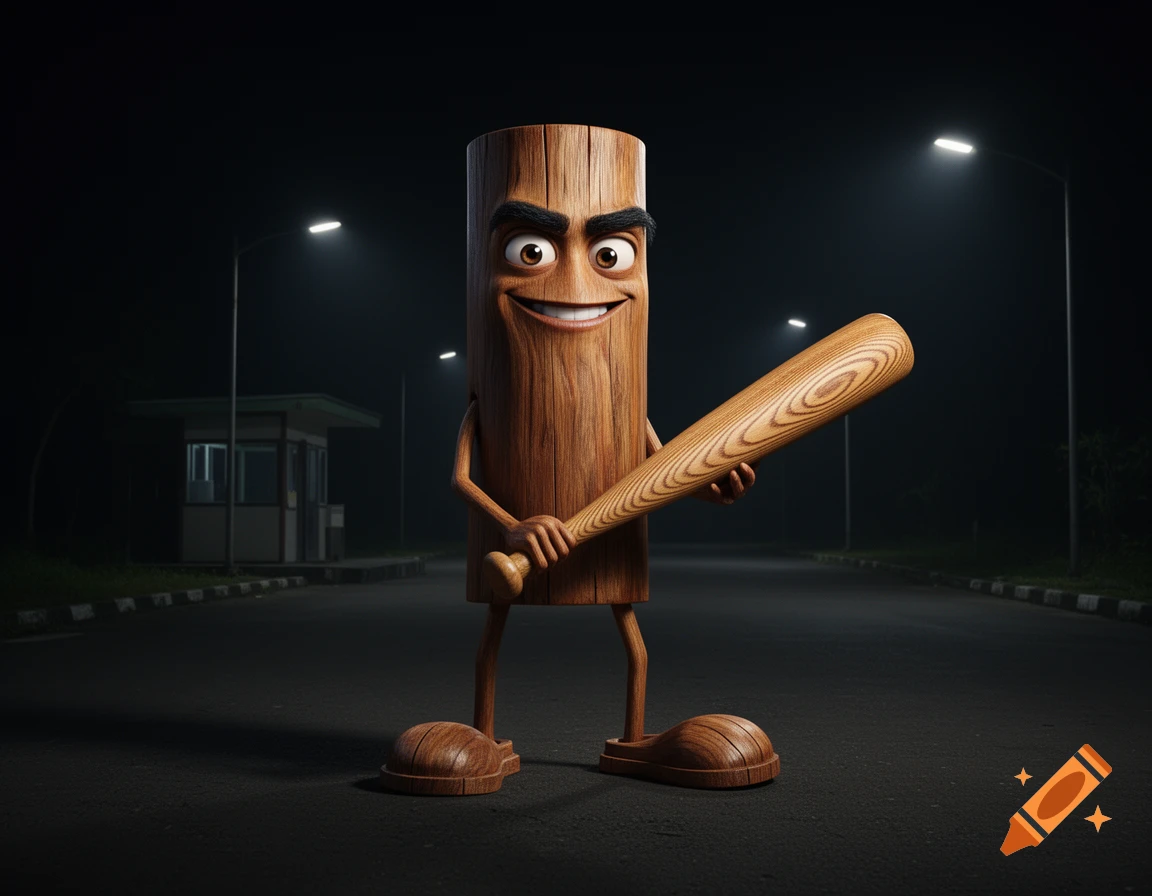 A surreal, smiling wooden log character with thin limbs and large feet holds a baseball bat on a dark, empty street at night.