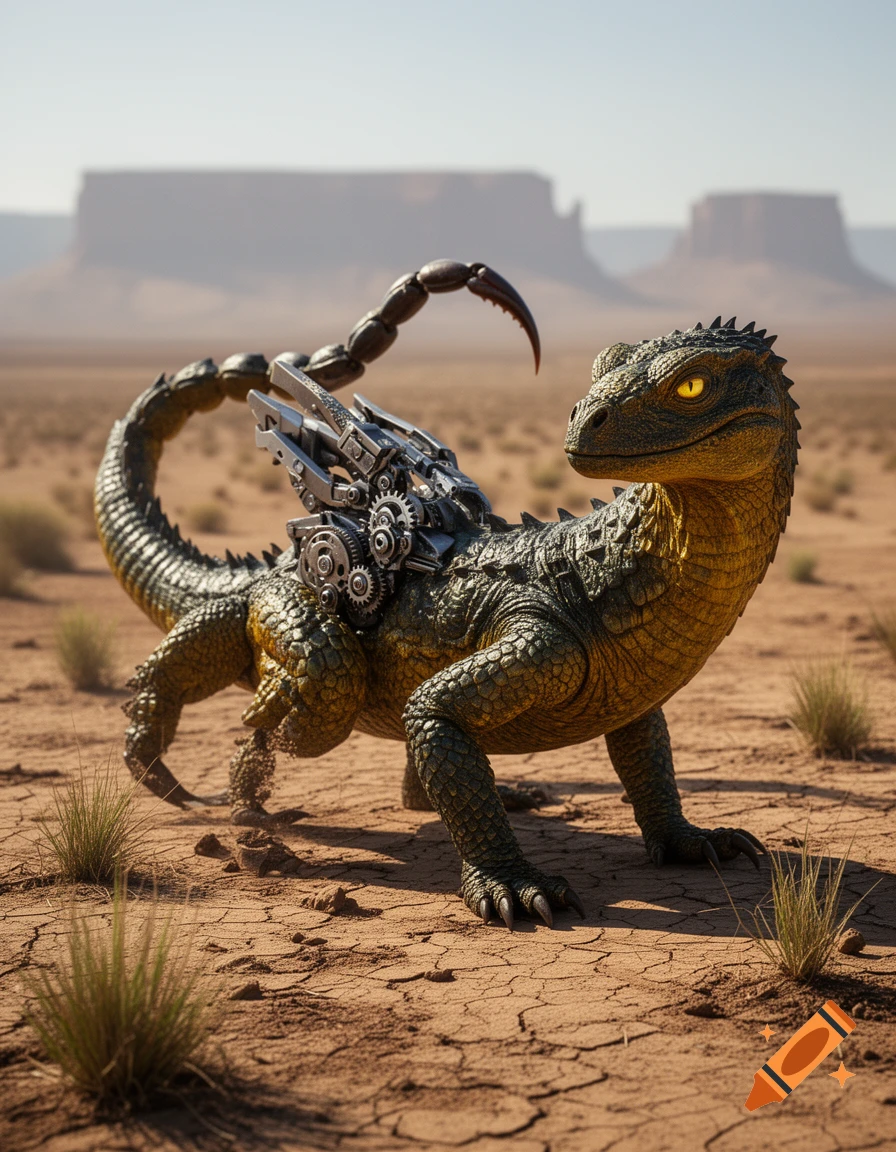 A photorealistic reptilian creature with a scorpion's tail and mechanical components on its back stands in a cracked desert with mesas in the background.