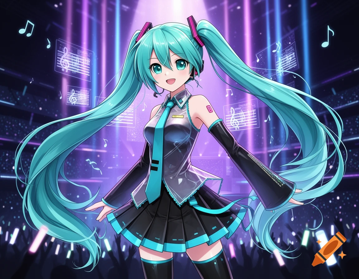 Hatsune Miku, an anime character with long turquoise pigtails, smiles and poses on a stage with glowing purple and blue lights, surrounded by floating musical notes.