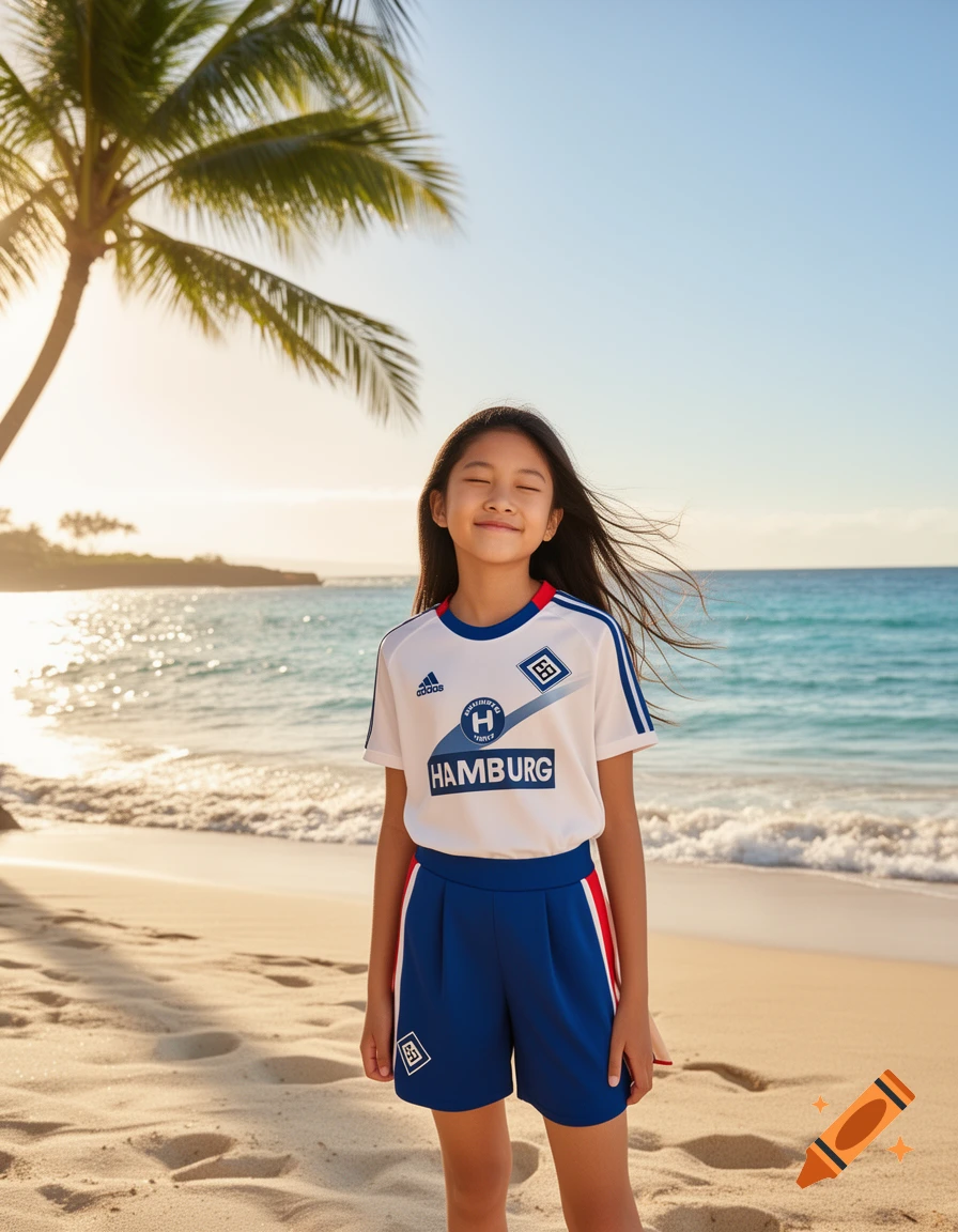 A young girl in a white and blue soccer jersey and blue shorts stands on a sunny beach, smiling with eyes closed.