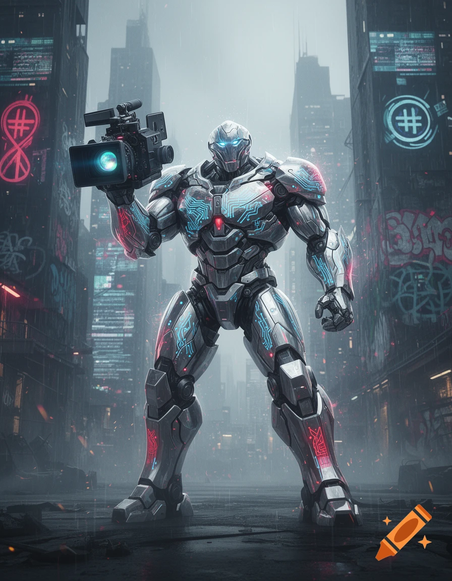 A large, armored robot with glowing blue and red circuits holds a camera in a rainy, neon-lit futuristic city street.