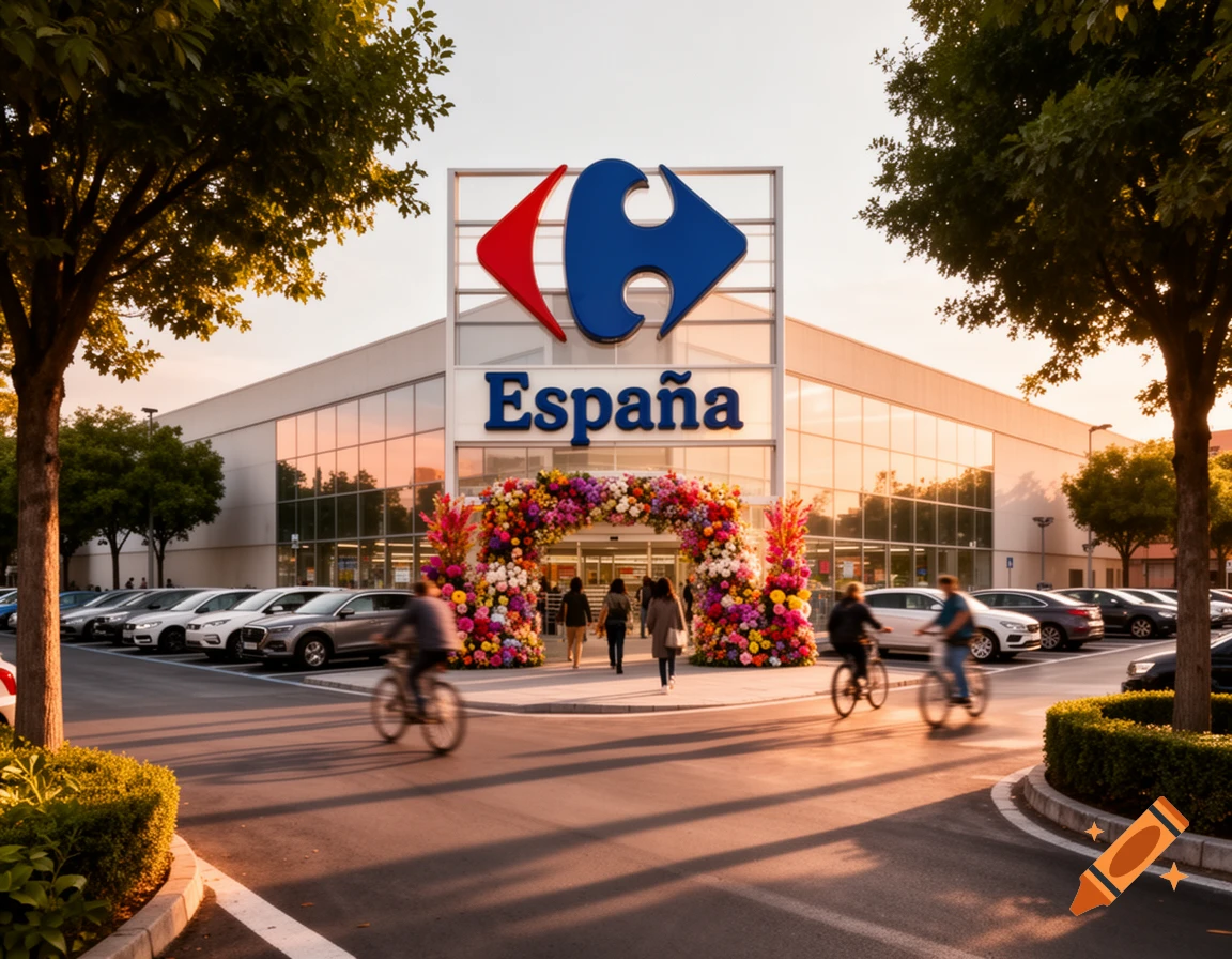 Photorealistic image of a Carrefour España supermarket with its logo prominently displayed, a colorful flower arch at the entrance, a parking lot with cars, and people cycling and walking outside during sunset.