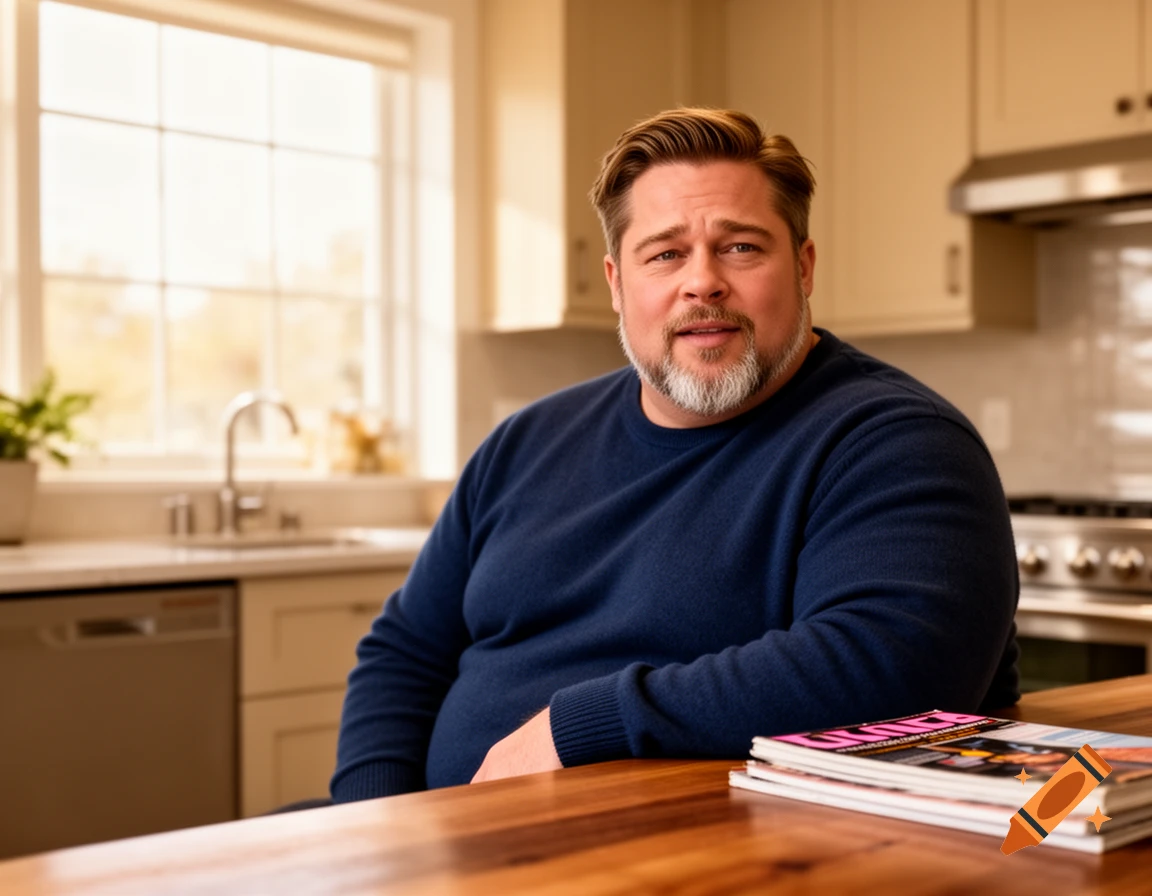 A heavier-set man with a short beard and blonde hair, wearing a navy blue sweater, sits at a wooden kitchen counter with magazines, in a bright, modern kitchen.
