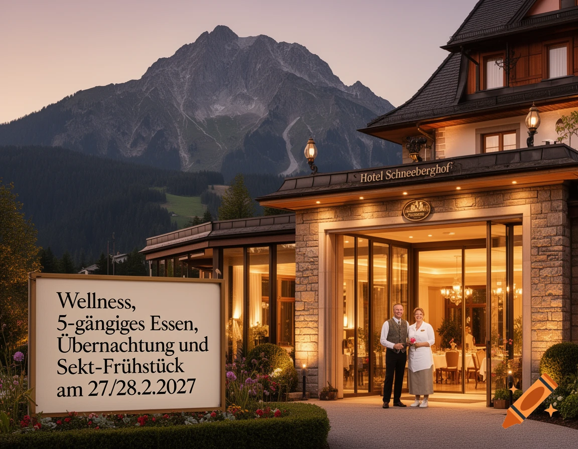 Photorealistic image of Hotel Schneeberghof entrance with two staff, a promotional sign, and a mountain backdrop at dusk.