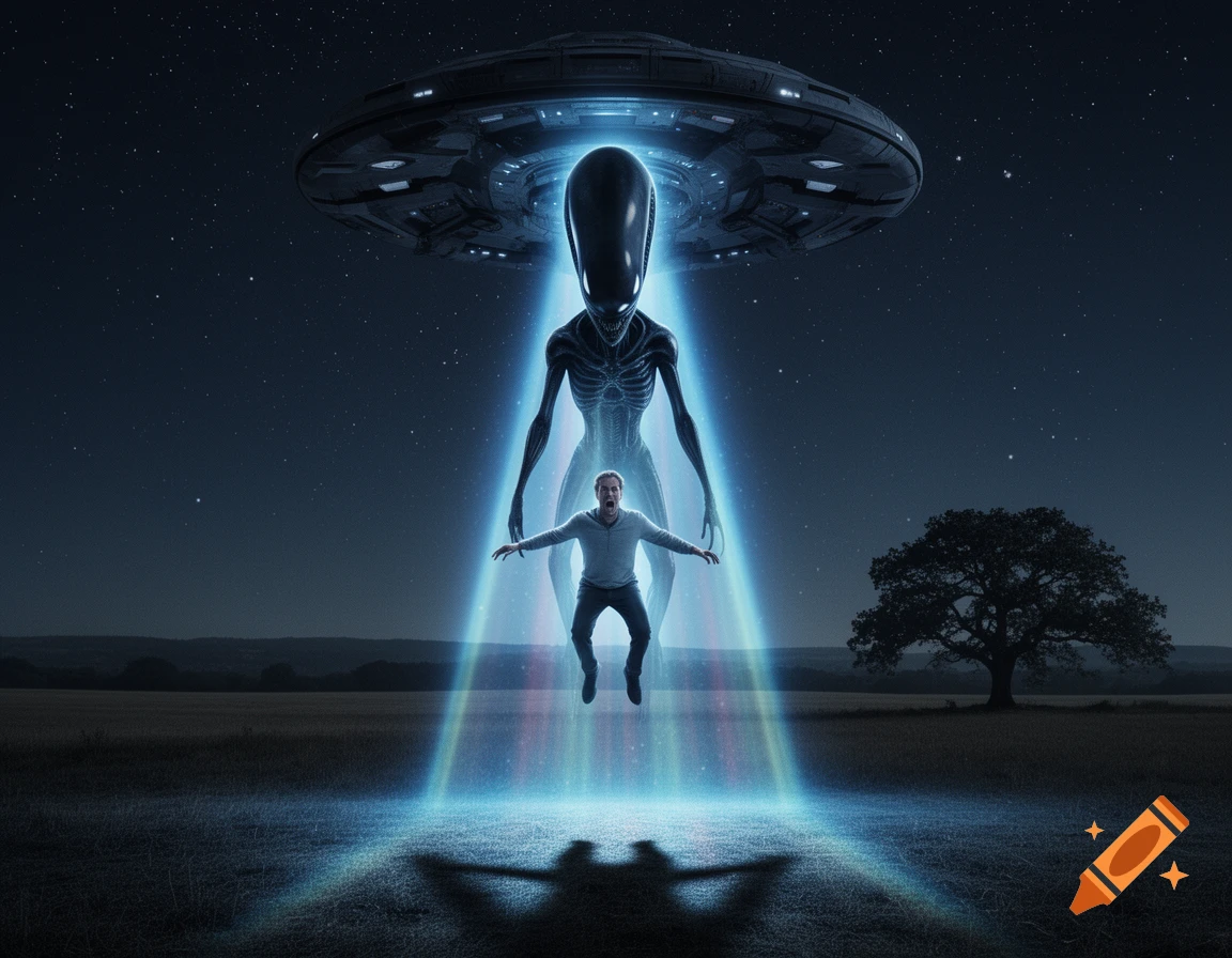 A tall, dark alien descends from a UFO, abducting a screaming man with a blue light beam in a dark field at night in a photorealistic style.