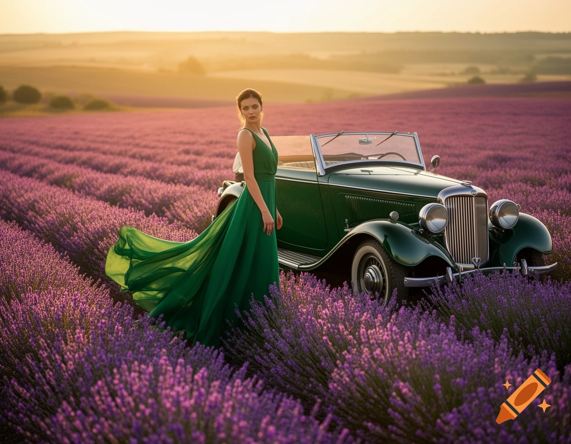 Elegant woman in a flowing green dress stands next to a vintage green convertible car in a sunlit lavender field.