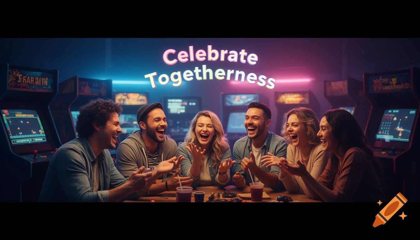 A diverse group of friends laughing and cheering at a table in a neon-lit retro arcade, with the words "Celebrate Togetherness" above them.