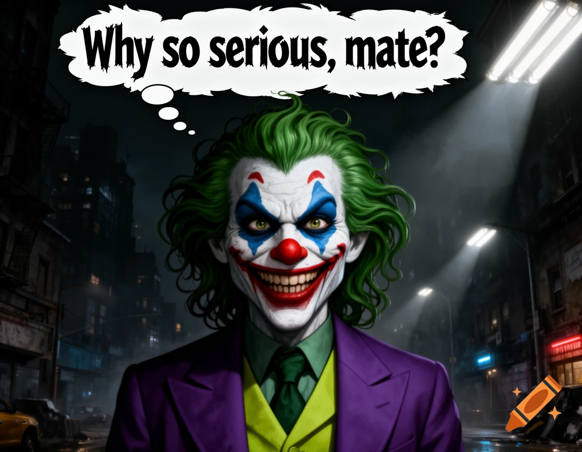 An illustrated Joker-like character with green hair and clown makeup, smiling menacingly in a dark city, saying "Why so serious, mate?" in a speech bubble.