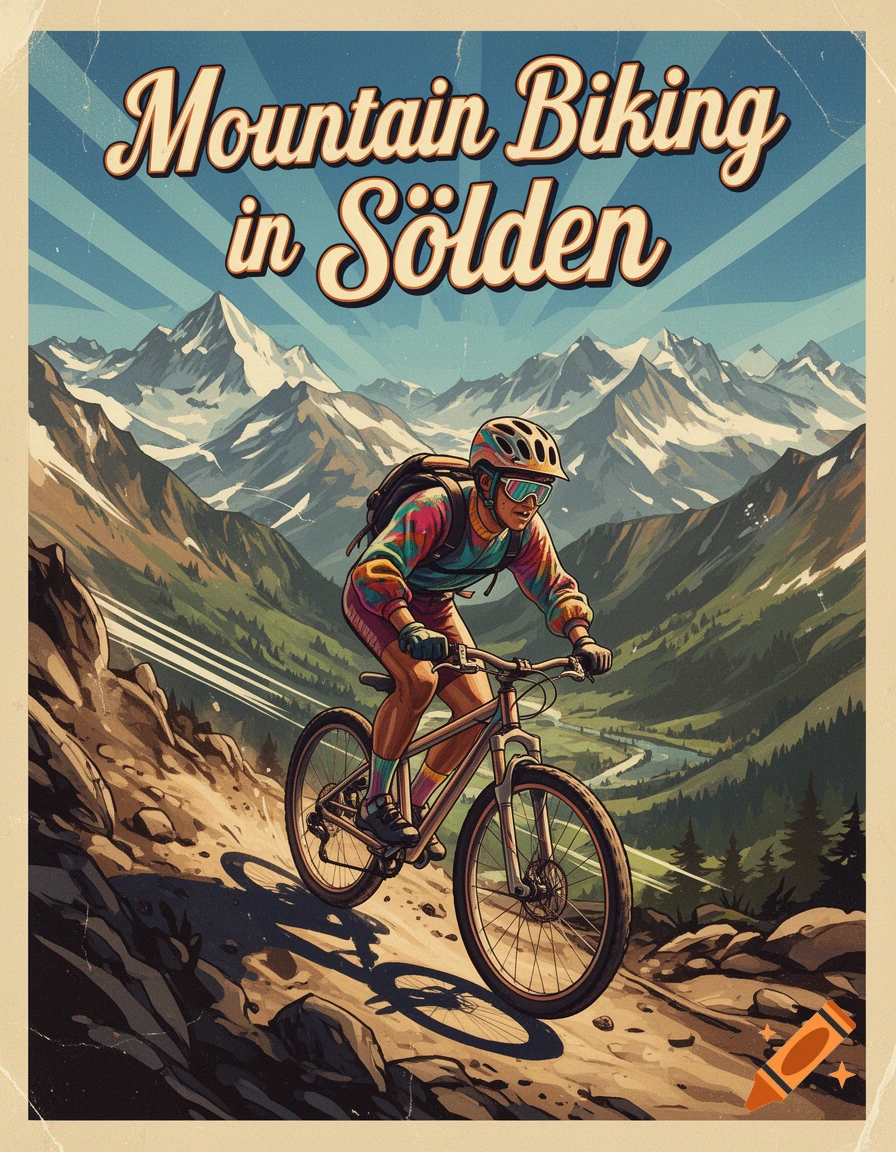 Retro poster: a person mountain biking down a rocky path. Snowy mountains, green valley, and river in background. Text: 'Mountain Biking in Sölden'.