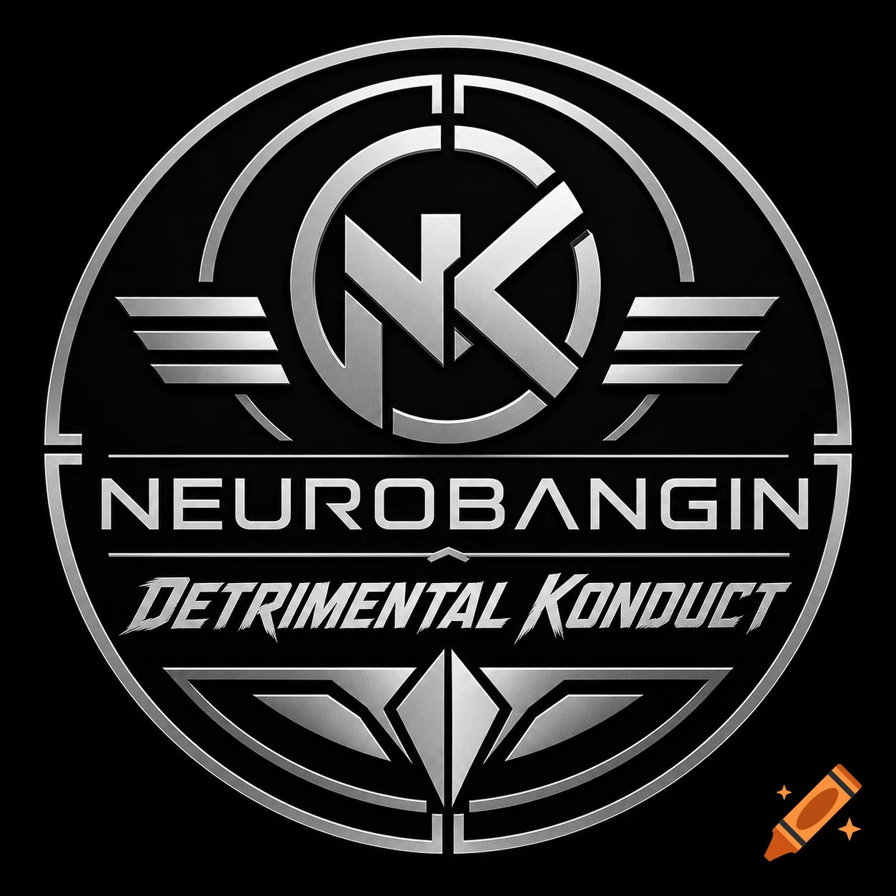 A silver metallic logo with geometric shapes and the text 'Neurobangin Detrimental Konduct' on a black background.