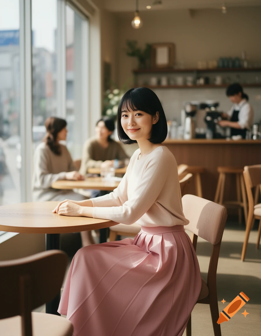 A smiling young Japanese woman with short dark hair, wearing a light top and pink pleated skirt, sitting at a cafe table.