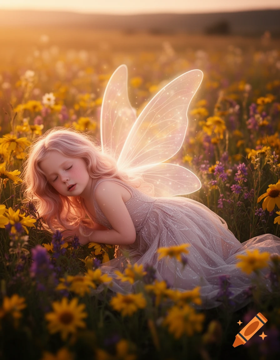 A fairy child with pink hair sleeps peacefully in a field of yellow and purple wildflowers, with glowing wings.