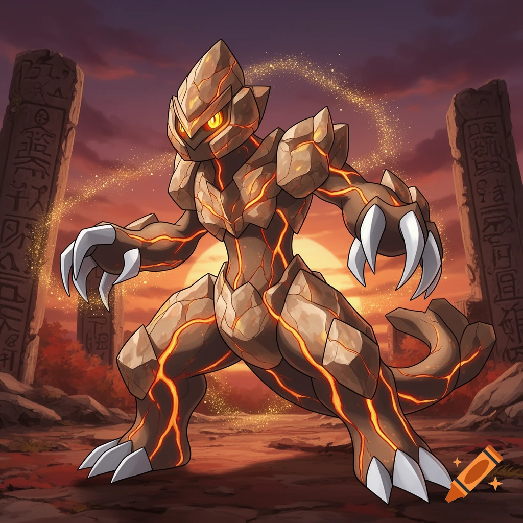 A stylized rock and lava creature, resembling a Pokémon, stands powerfully before ancient ruins at sunset.