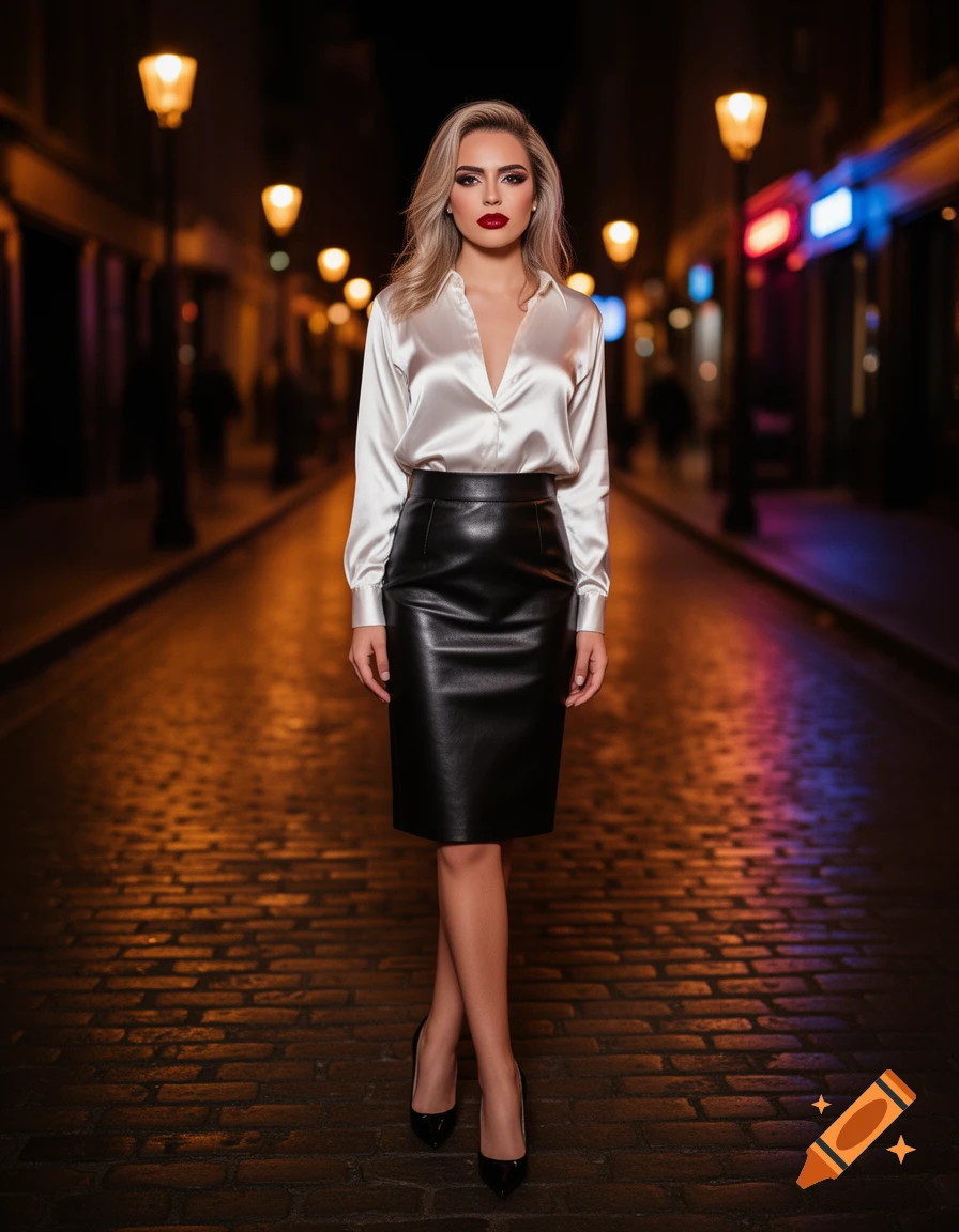 A woman in a white satin blouse and black leather skirt stands on a cobblestone street at night, illuminated by streetlights and neon signs.