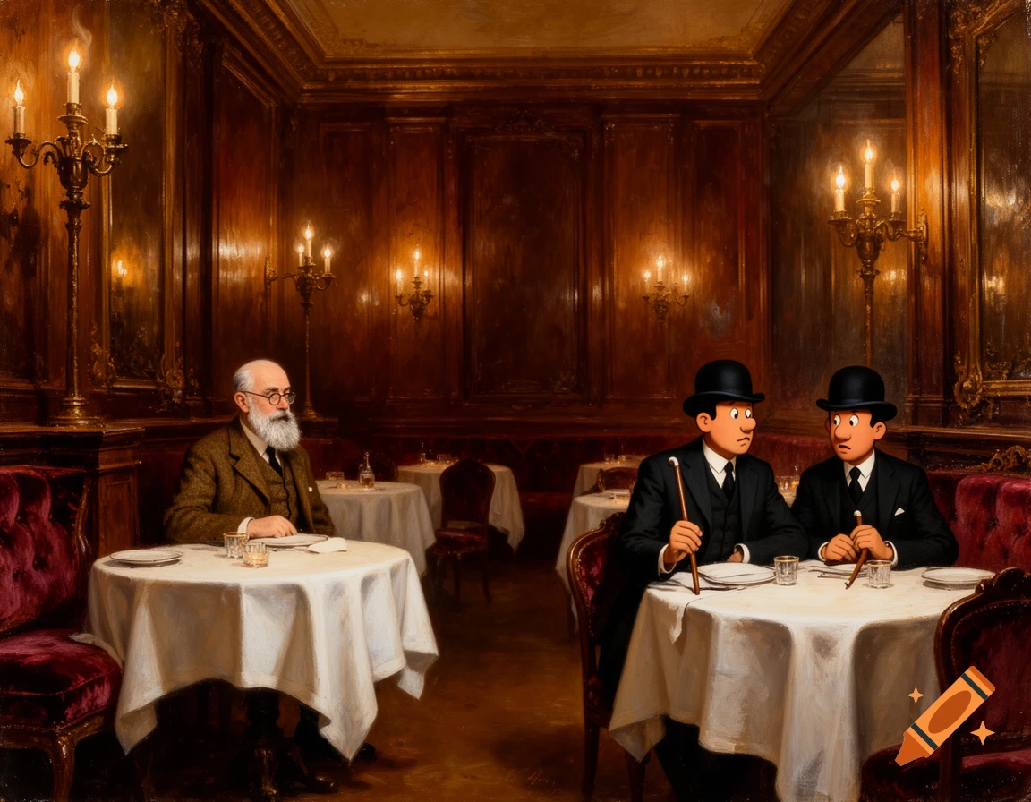 Oil painting of Sigmund Freud and Tintin's Thomson and Thompson dining in an elegant 19th-century Parisian restaurant.