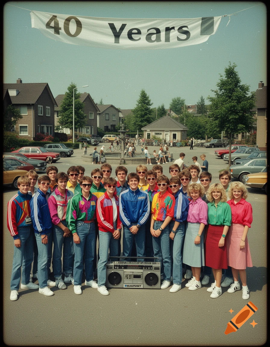 A large group of young people in 80s fashion stand outdoors with a boombox under a '40 Years' banner.